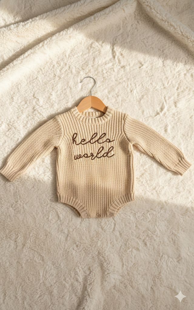 Hello World romper on wooden hanger