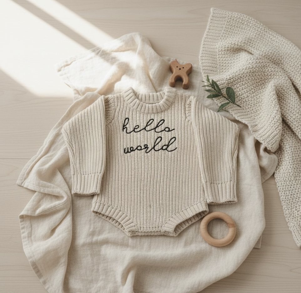 Hello World knitted romper on white background